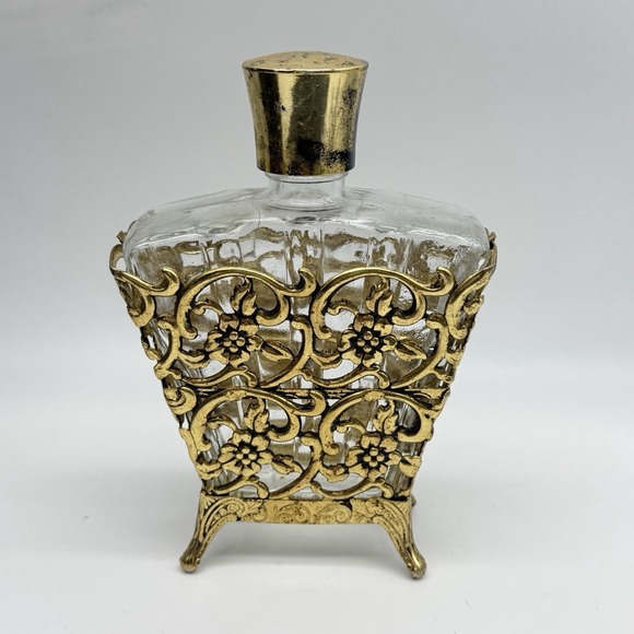 Other - Vintage Ormolu Gold Gilt Floral Encased Glass Perfume Vanity Empty Bottle